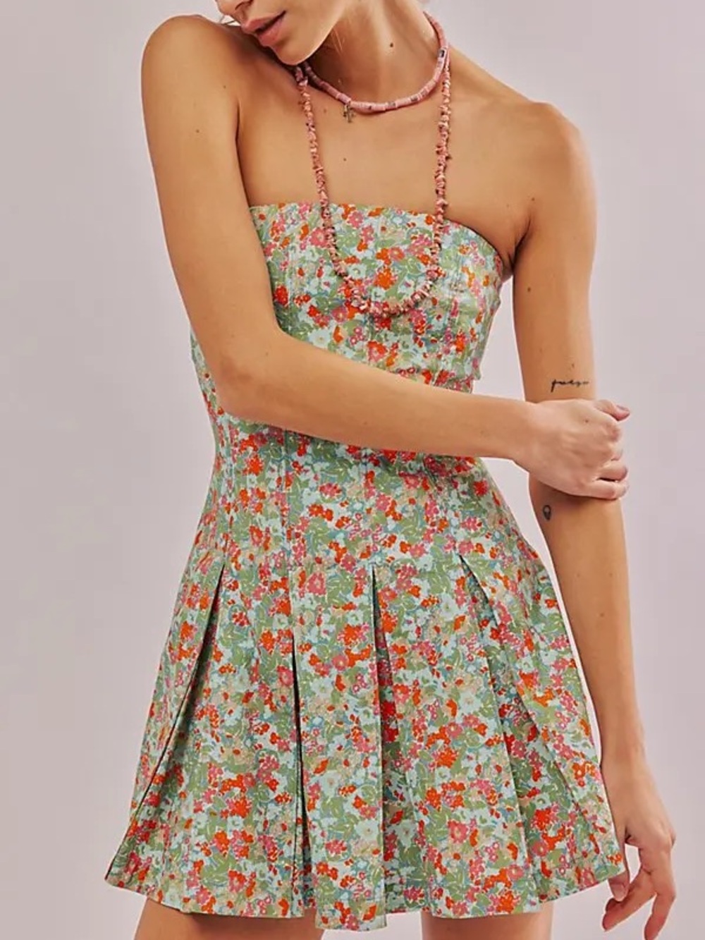 Free People Strapless Floral Mini Dress in Mint, Coral and Pink